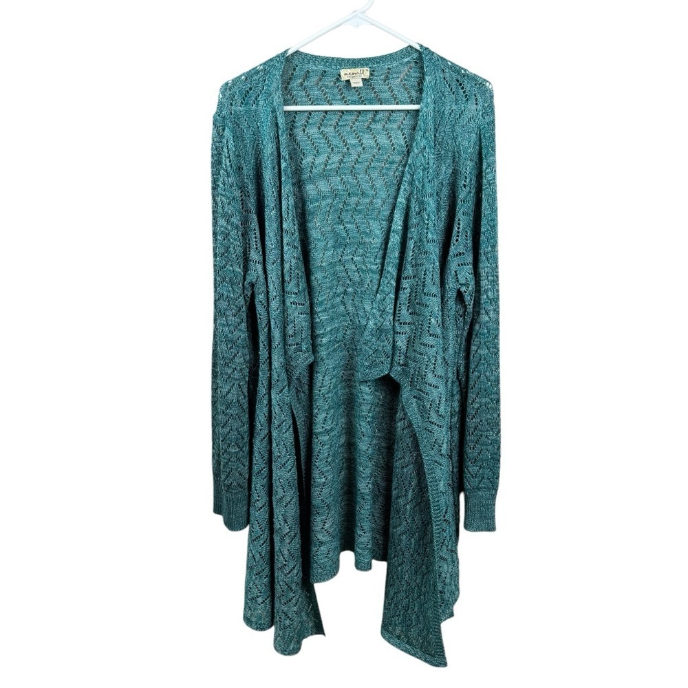 One World Womens Green Cardigan Sweater New Wave Open Knit Duster